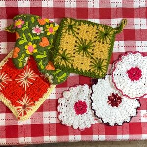 Colorful Vintage Crochet and Embroidered Pot Holders Set